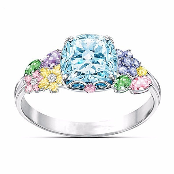 Gold Plated Alloy Ring Square Princess Gem Inlay For Women