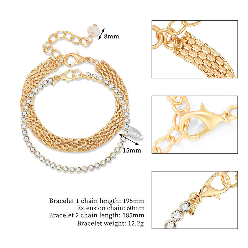 Womens Geometric Double Layer Rhinestone Inlaid Alloy Bracelet Exaggerated Layered Fashion Jewelry Gift Everyday Wear