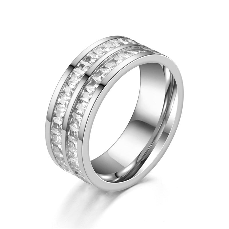 Stainless Steel Ring Double Row Diamond Geometrical Band Unisex Ring For Men Women Fashion Statement Versatile