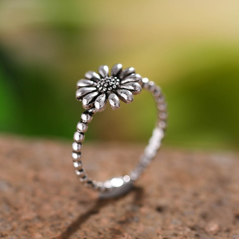 Sunflower Vintage Ring 925 Sterling Silver Adjustable Opening Jewelry For Dainty Fingers With Sunflower Motif Stylish