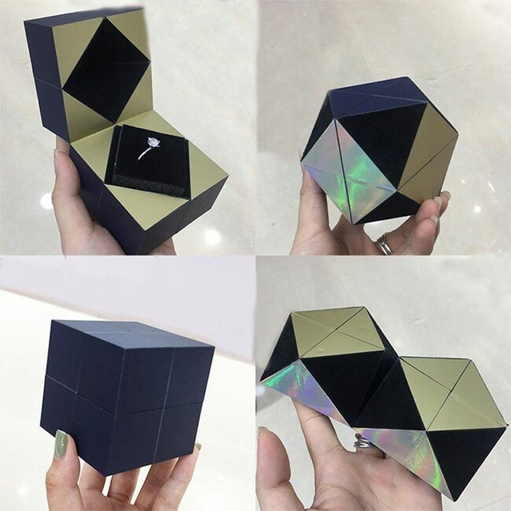 Love You Ring Projection Crown Two In One Ring 100 Languages Rubik Cube Ring BoxSet Geometric Rhinestone Inlay