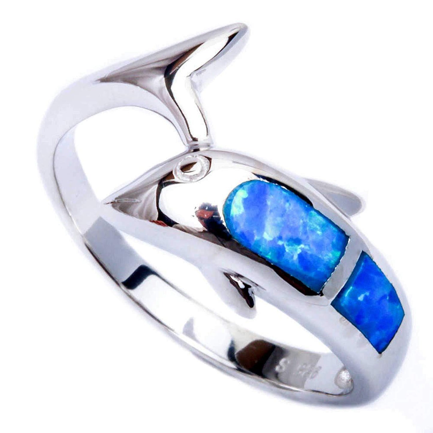 Womens Metal Ring Handmade Cartoon Character Design Gold Plated Inlay Blue Opal Dolphin Decoration Artificial Jewelry