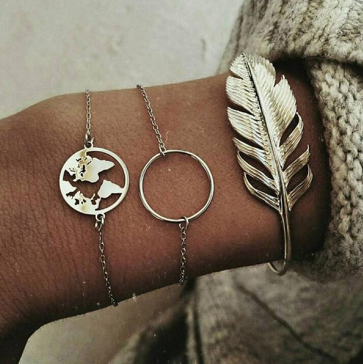 Womens Bracelet Set Geometric Alloy Design Three Piece Smooth Circle Map And Leaf Fashion Wave Mosaic Material