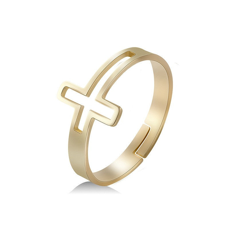 Womens Stainless Steel Cross Ring Adjustable Open Band Fashion Jewelry Gold White Rose Gold Colors Gift Birthday