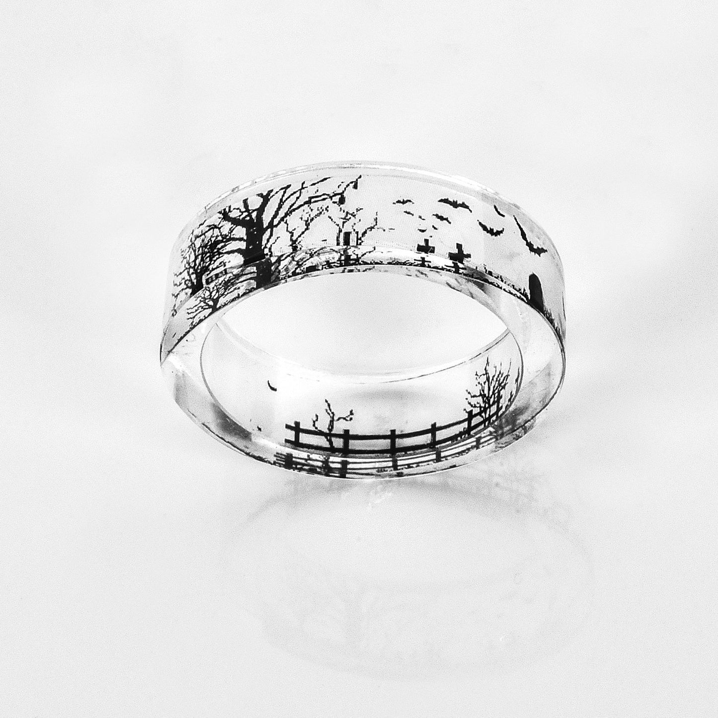 Tree Resin Black And White LandscapeArt Gemstone Epoxy Ring Unisex Simple Style Sizes 17mm 18mm 19mm 20mm 21mm