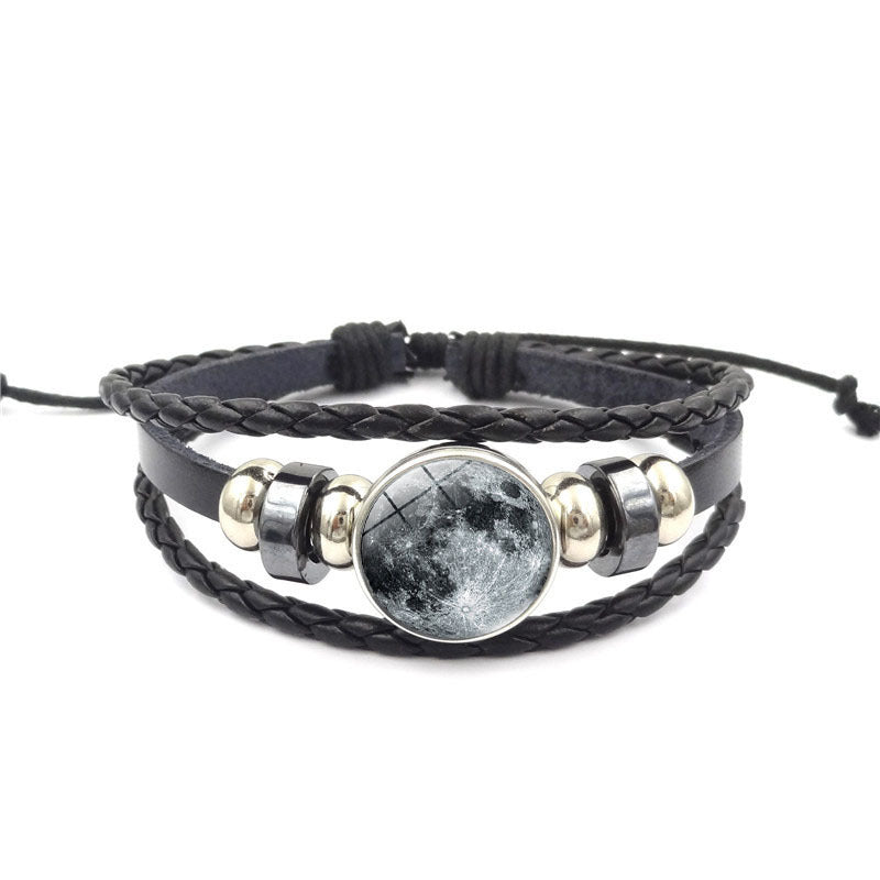 Womens Beaded Bracelet Handmade Starry Sky Universe Design Glass Gem Alloy Pendant Adjustable Leather Rope Gem