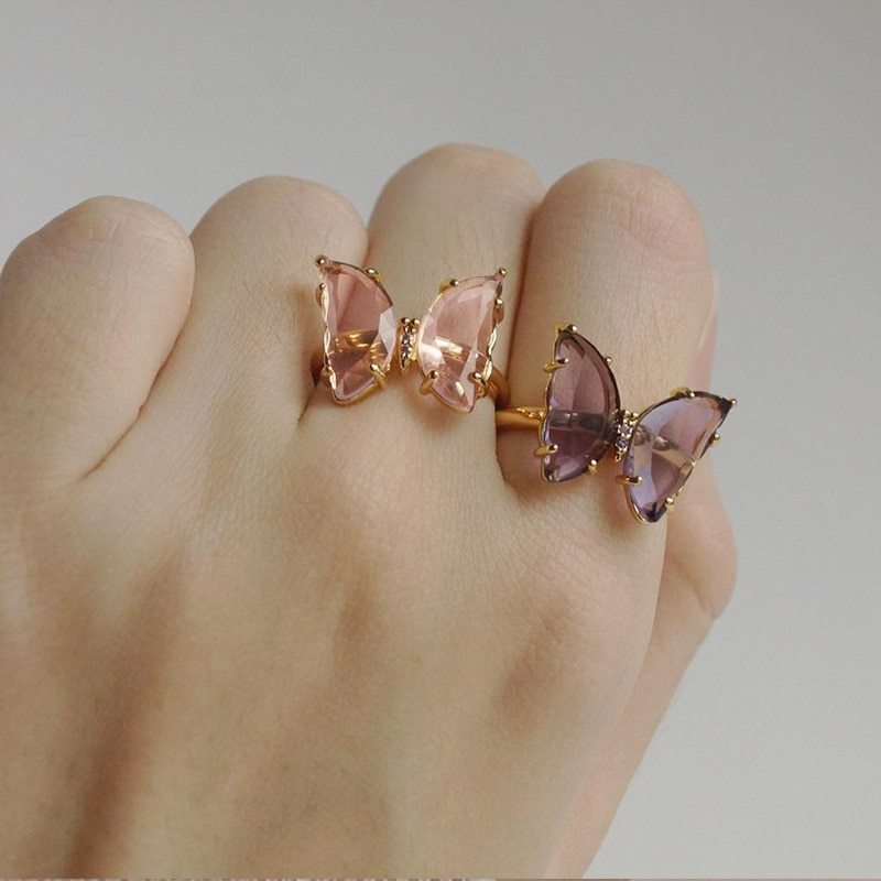 Womens Butterfly Ring With Crystal Glass Bow Electroplated Metal Finish Jewelry Gift For Her Elegant Design Gem
