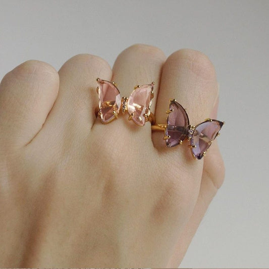 Womens Butterfly Ring With Crystal Glass Bow Electroplated Metal Finish Jewelry Gift For Her Elegant Design Gem