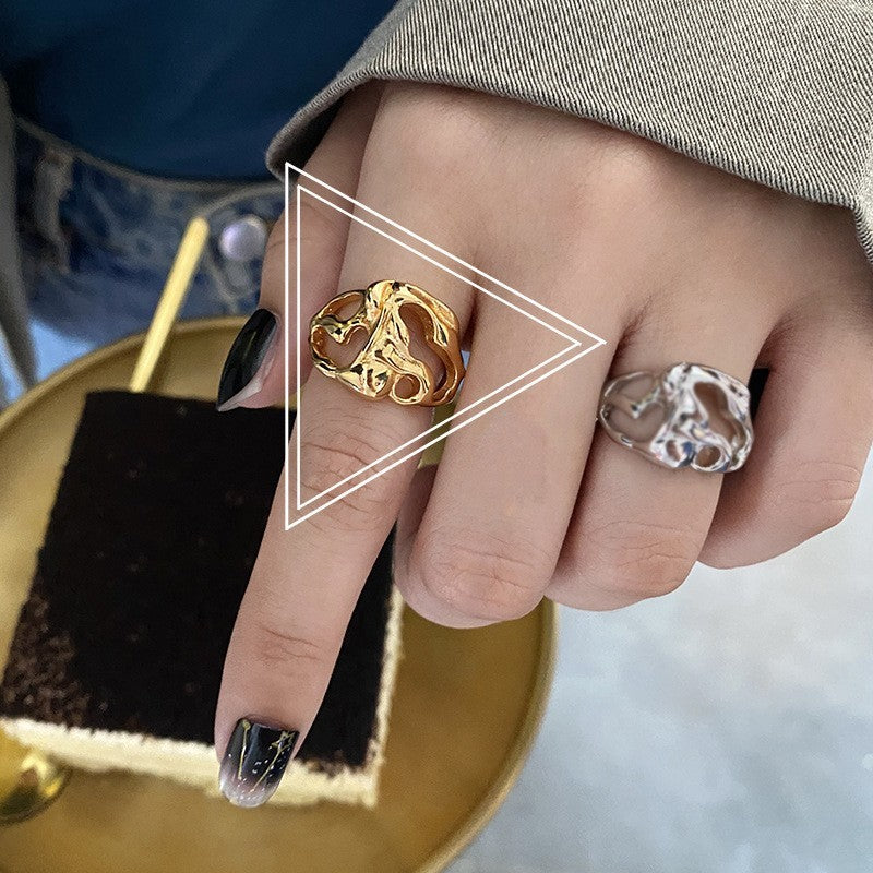 Geometric Silver Plated Adjustable Ring With Irregular Hollow Design For Women Elegant Everyday Accessory Chic