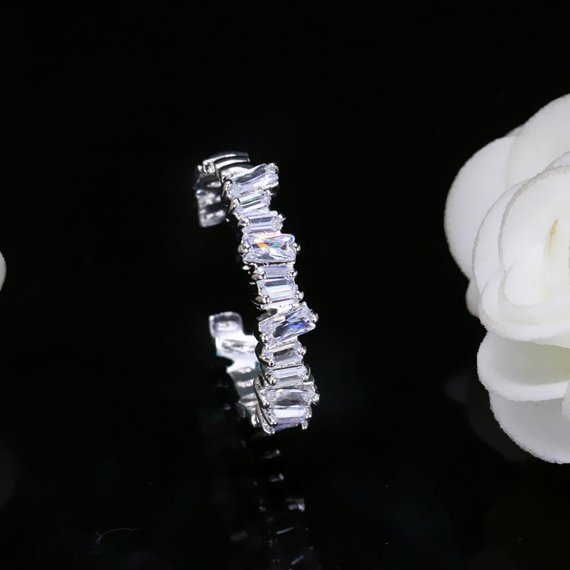 Copper Zircon Inlaid Irregular Baguette Ring For Women Rose Gold Plated Electroplated Finish Elegant Gift Ready Shine