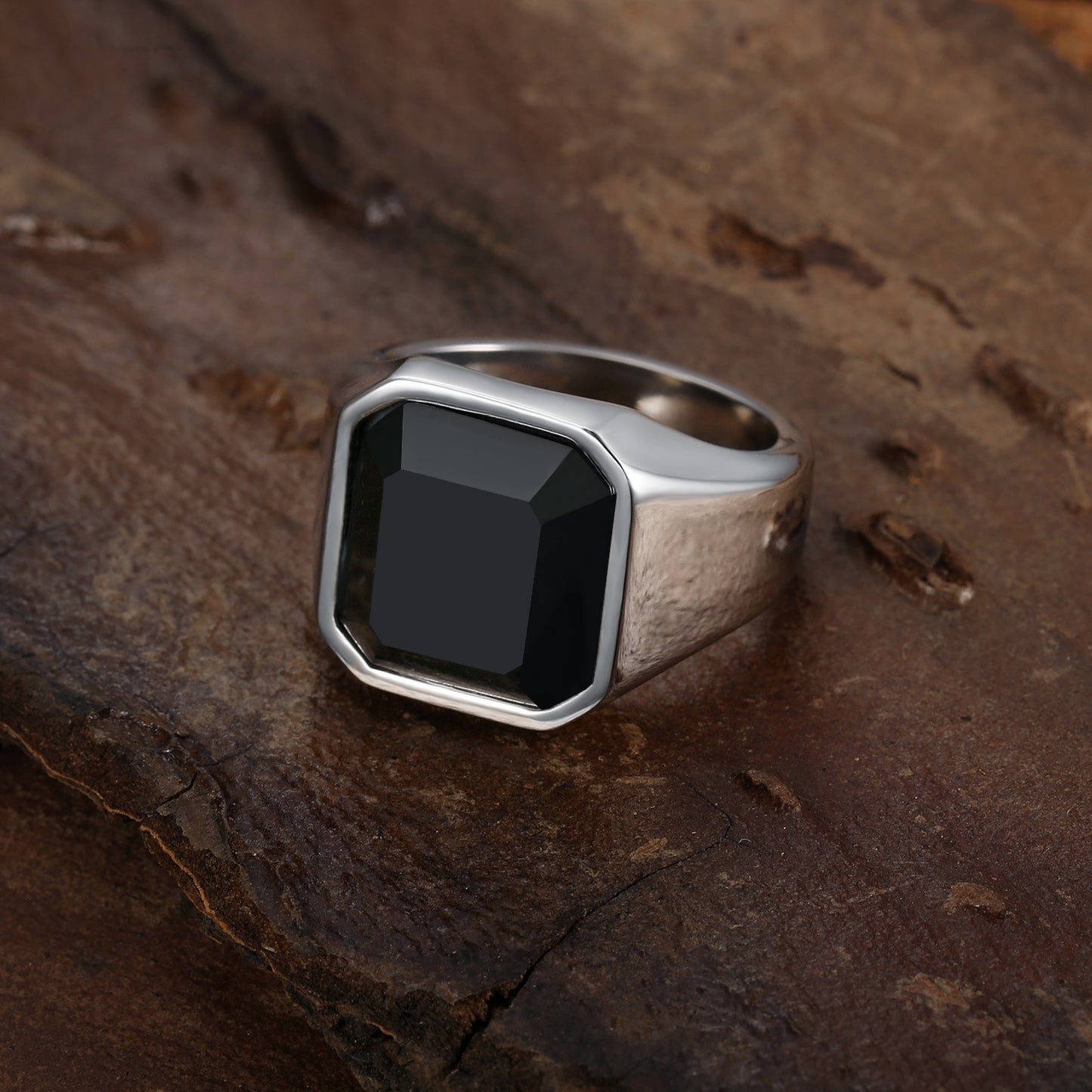 Geometric Stainless Steel Ring With Black Gemstone And Diamond Setting Fashion Jewelry Square Gemstone Diamond