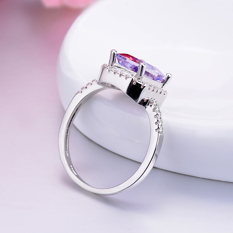 Rectangular Diamond Ring With Colorful Zircon Inlay