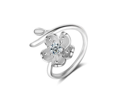Sterling Silver Tree Branch Flower Ring Open Adjustable Fit For Women Cute Temperament Jewelry Elegant Minimalist Style