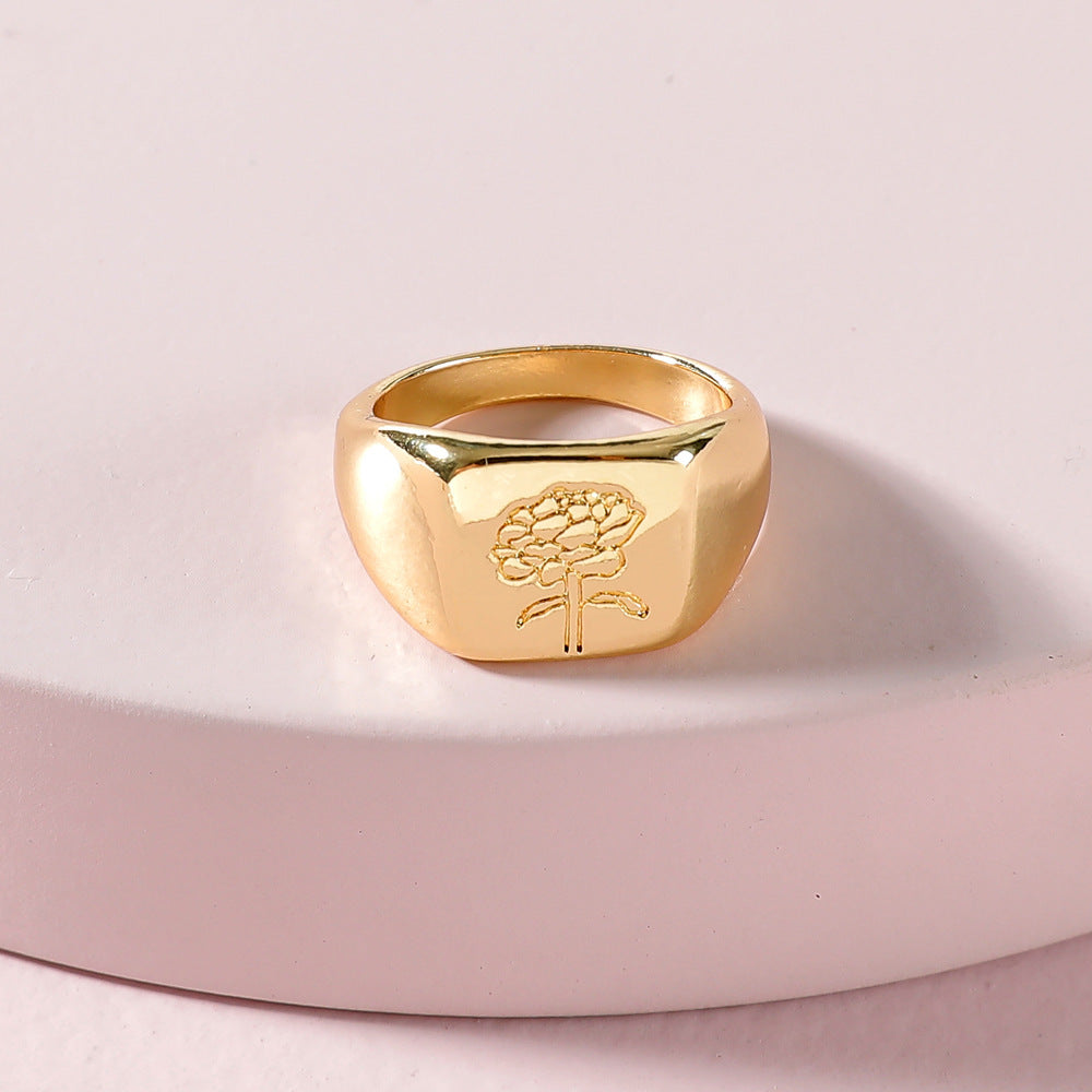Flower Agate Ring Golden Carved Alloy Inlaid Gems Geometric Design For Women SemiPrecious Stones Chic Style Of