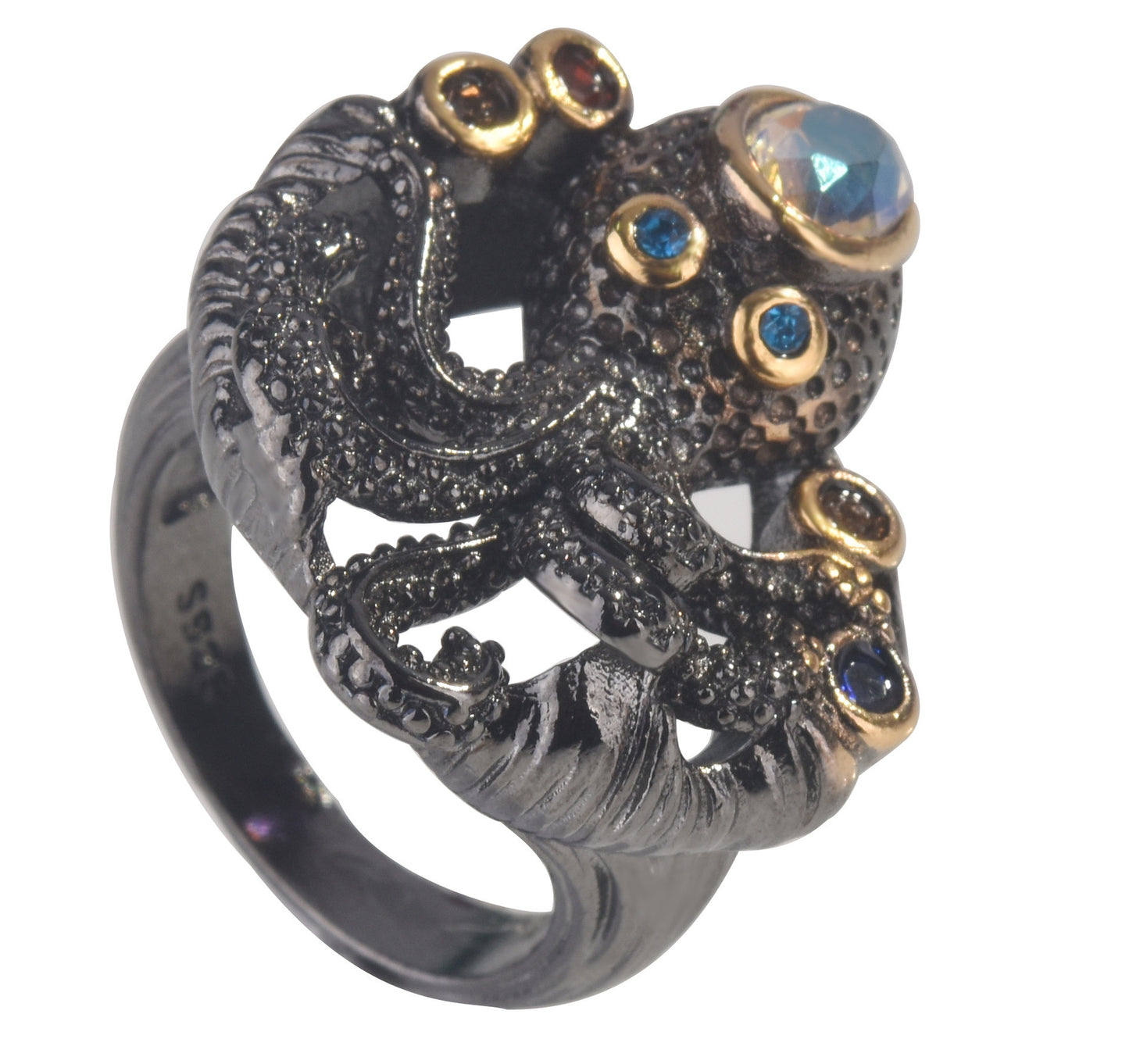 Octopus Ring Marine Life Jewelry Inlaid Gems Copper Silver