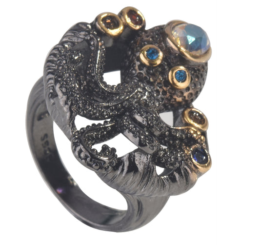 Octopus Ring Marine Life Jewelry Inlaid Gems Copper Silver