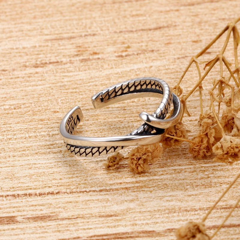 Womens 925 Sterling Silver Ring Geometric Design Vintage Style Simple Ring Niche Light Luxury Band Fine Crafts