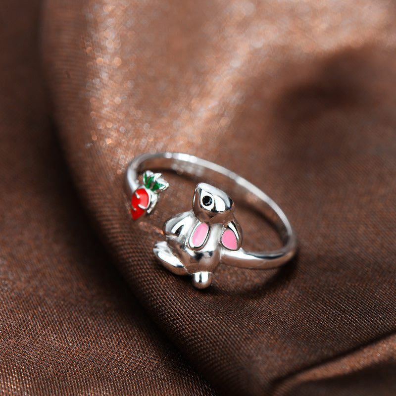 Sterling Silver Adjustable Bunny Ring With Zodiac Animal Design Platinum Finish For Women Elegant Jewelry Gift