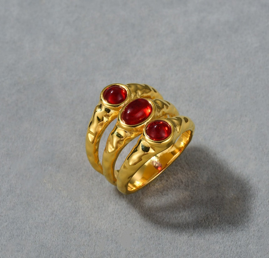 Womens Gold Ring Ruby Irregular Texture Layered Inlaid Design Brass Plated 18K Gold Jewelry Gift For Her Everyday Wear