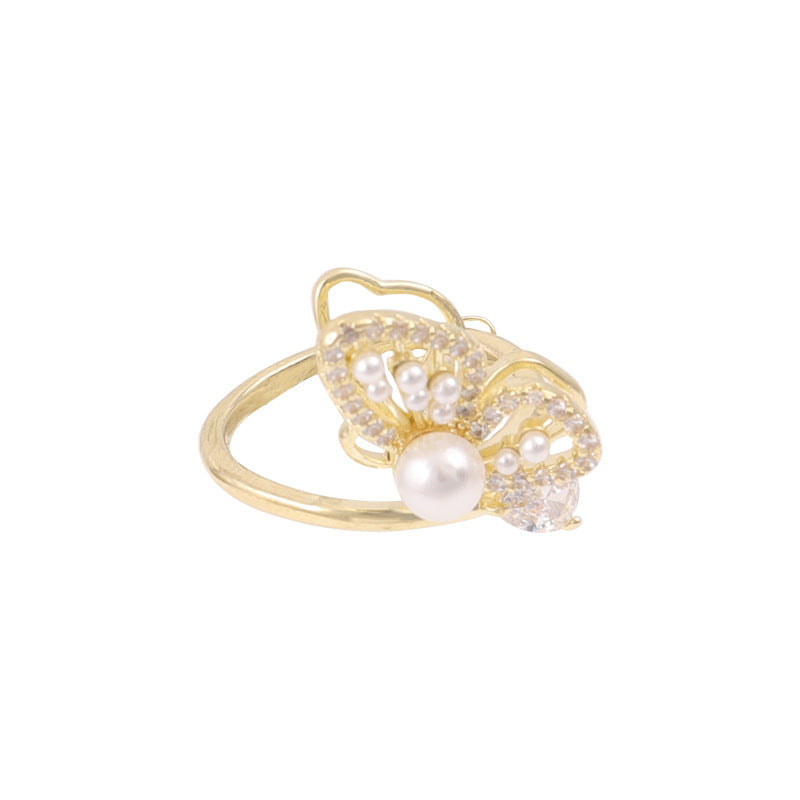 Womens Butterfly Pearl Ring GoldTone Rhinestone Inlaid Copper Alloy Fashion Statement Jewelry Unique Accessory