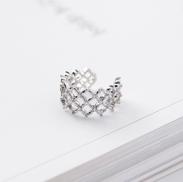 Adjustable Diamond Ring Open Index Finger Ring With Grid Diamond Accent Alloy Fashion Jewelry For Everyday Use