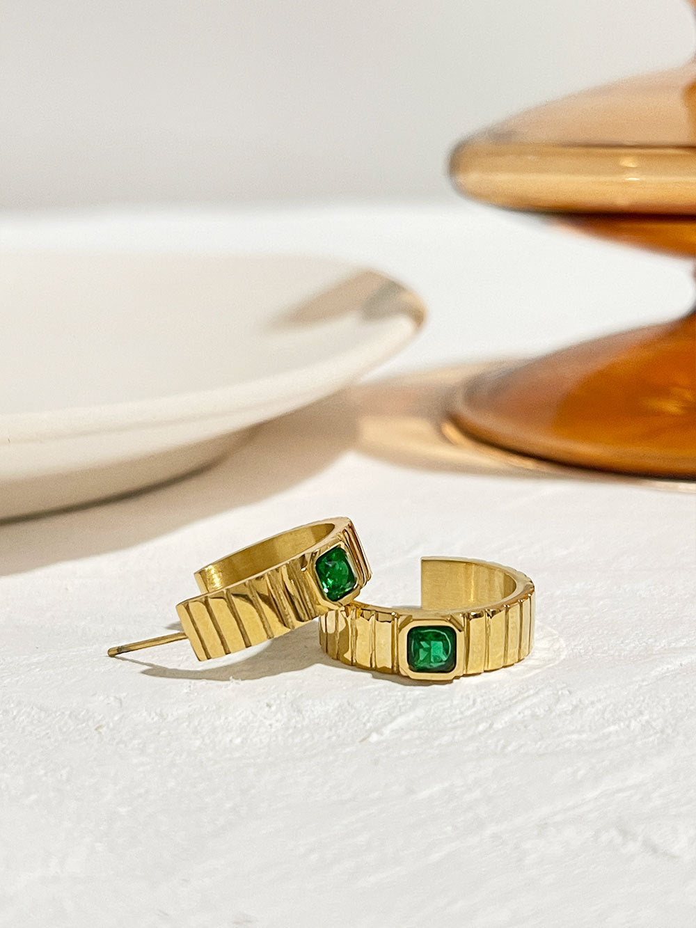 Titanium Steel Inlaid Zircon Checkered C-shaped Earrings