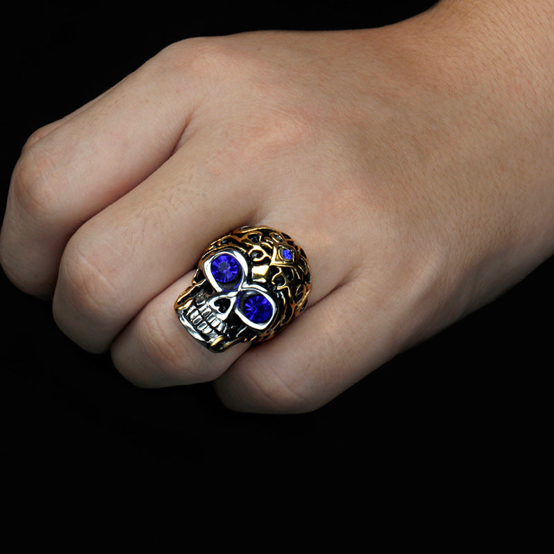 Mens 18K Gold Plated Stainless Steel Skull Ring European Ghost Head Customizable Inlaid Gemstone Rings For Men