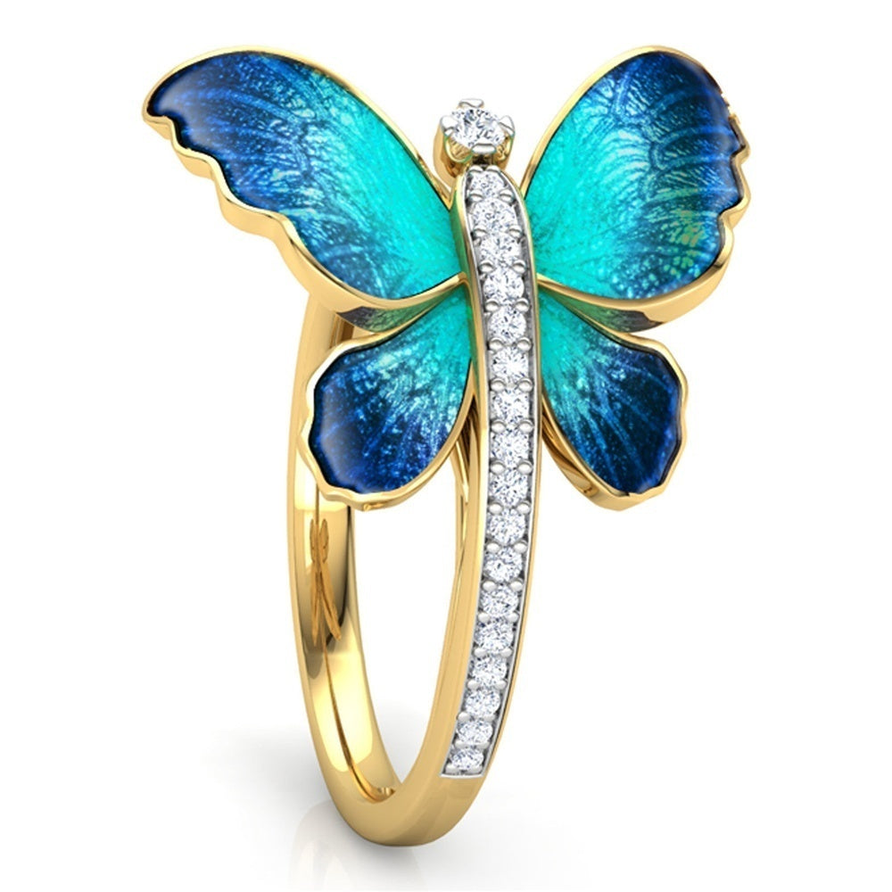 Womens Alloy Ring With Golden Butterfly Inlaid Gems Insect Design Fashion Jewelry Ring Creative Sizes 6 7 8 9 10