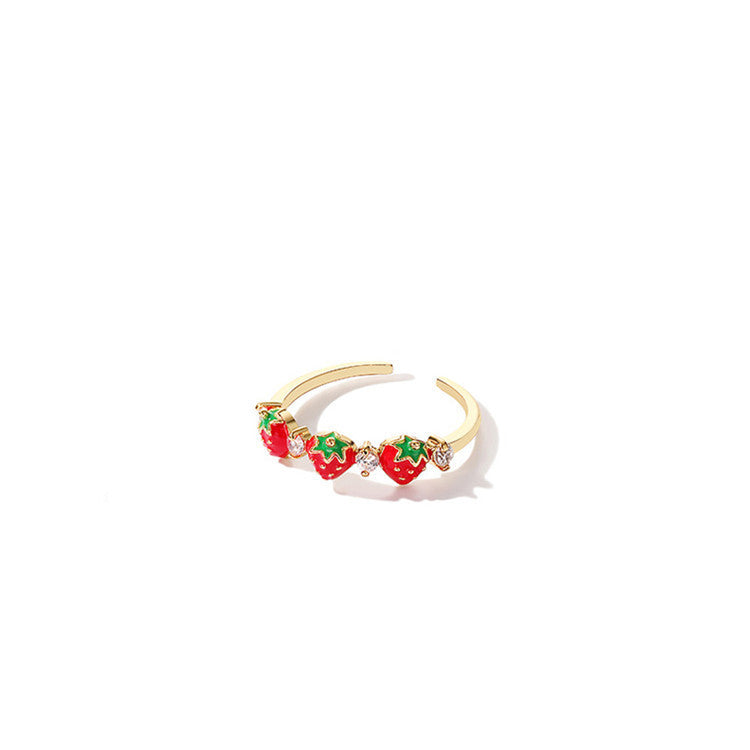Strawberry Ring Adjustable Alloy Drip Glaze Zircon Mosaic Cute Fruit Jewelry For Women And Girls For Size 51mm