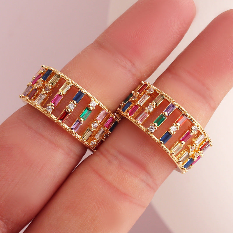Womens Ring with Multicolor Zircon Diamond Color Ornament Wide Band Hand Decoration Adjustable Opening Geometric Copper Ring for Fashion Women