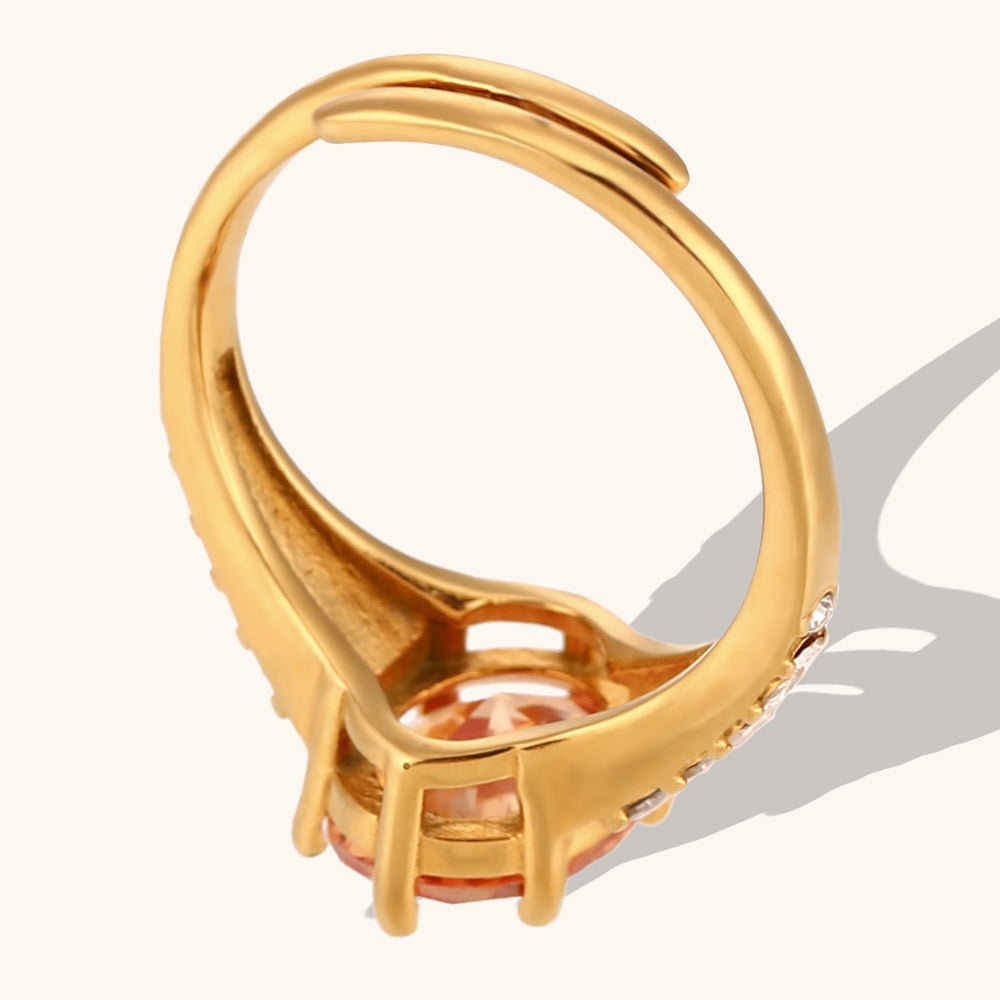 Women Stainless Steel Ring Adjustable Opening Oval Zircon Gemstone Simple Luxury Dark Champagne White Diamonds