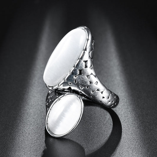 Silver Large Oval Opal Cross Ring Unisex Vintage Geometric Electroplated Jewelry Accessory For Everyday Wear Daily