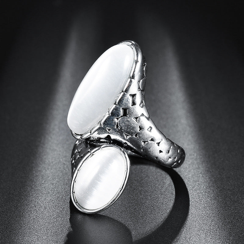 Silver Large Oval Opal Cross Ring Unisex Vintage Geometric Electroplated Jewelry Accessory For Everyday Wear Daily