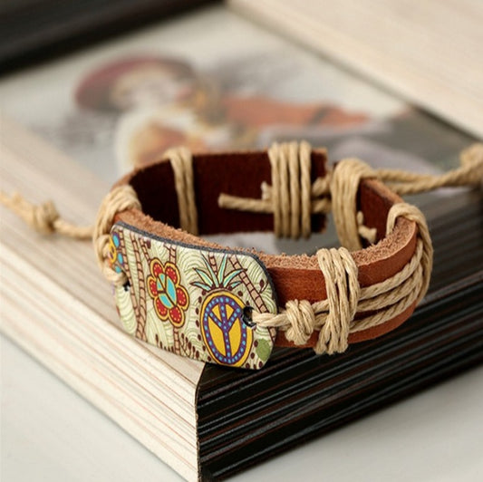 Leather Bracelet With Peace Sign And Geometric Design For Men And Women Unisex Accessory Durable Everyday Wear