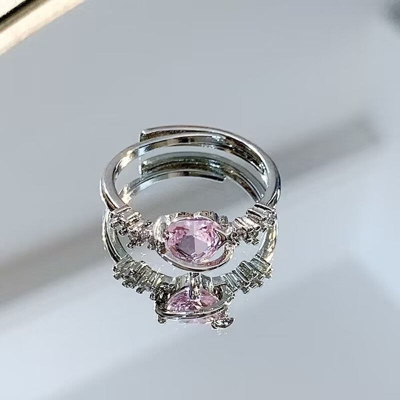 Adjustable Heart Ring For Women Pink Zirconium Silver