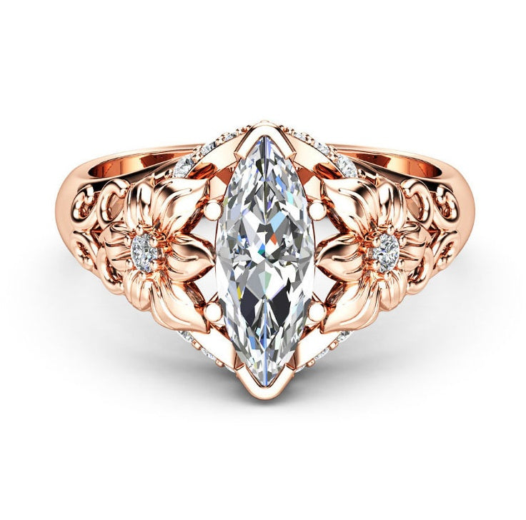 Womens Floral Ring Set With Horse Eye Zircon Rose Gold Plated Dazzling Party Jewelry Elegant Fashion Statement