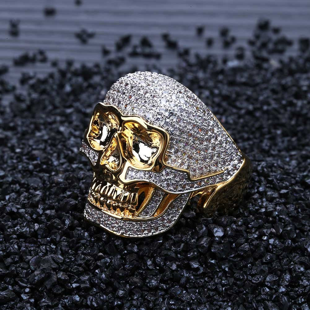 Mens Skull Ring Copper Micro Inlay Gold Plated Gemstones European Fashion Ring Retro Statement Ring Size 7 8 9