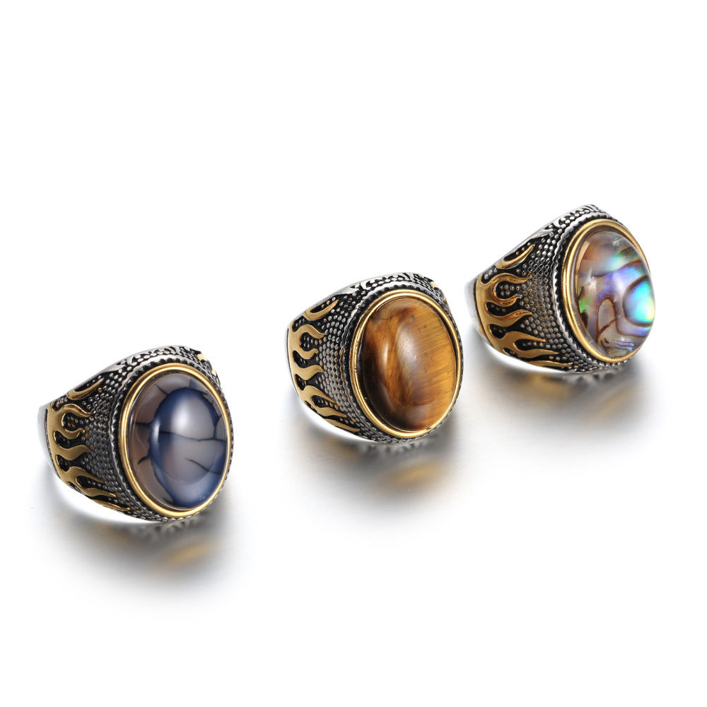 Stainless Steel Tiger Eye Ring Geometrical Flame Design Fashion Jewelry for Men and Women Europe Americas Gifts