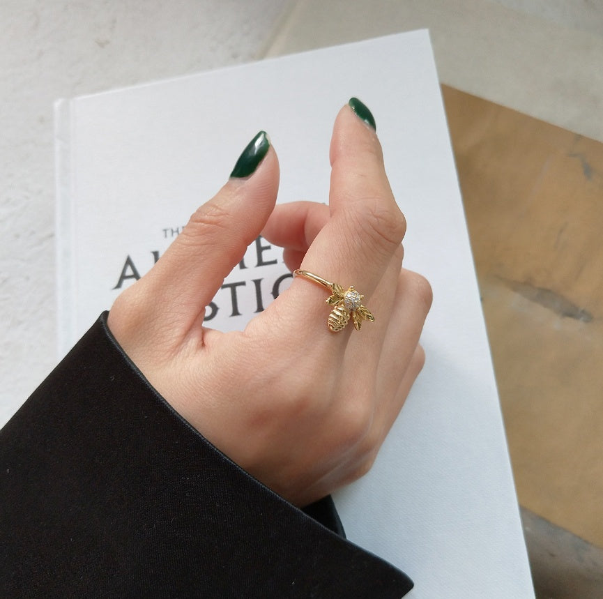 Sterling Silver Bee Ring Adjustable Open Band Insect Jewelry Vintage Style For Women Girls Delicate Collection