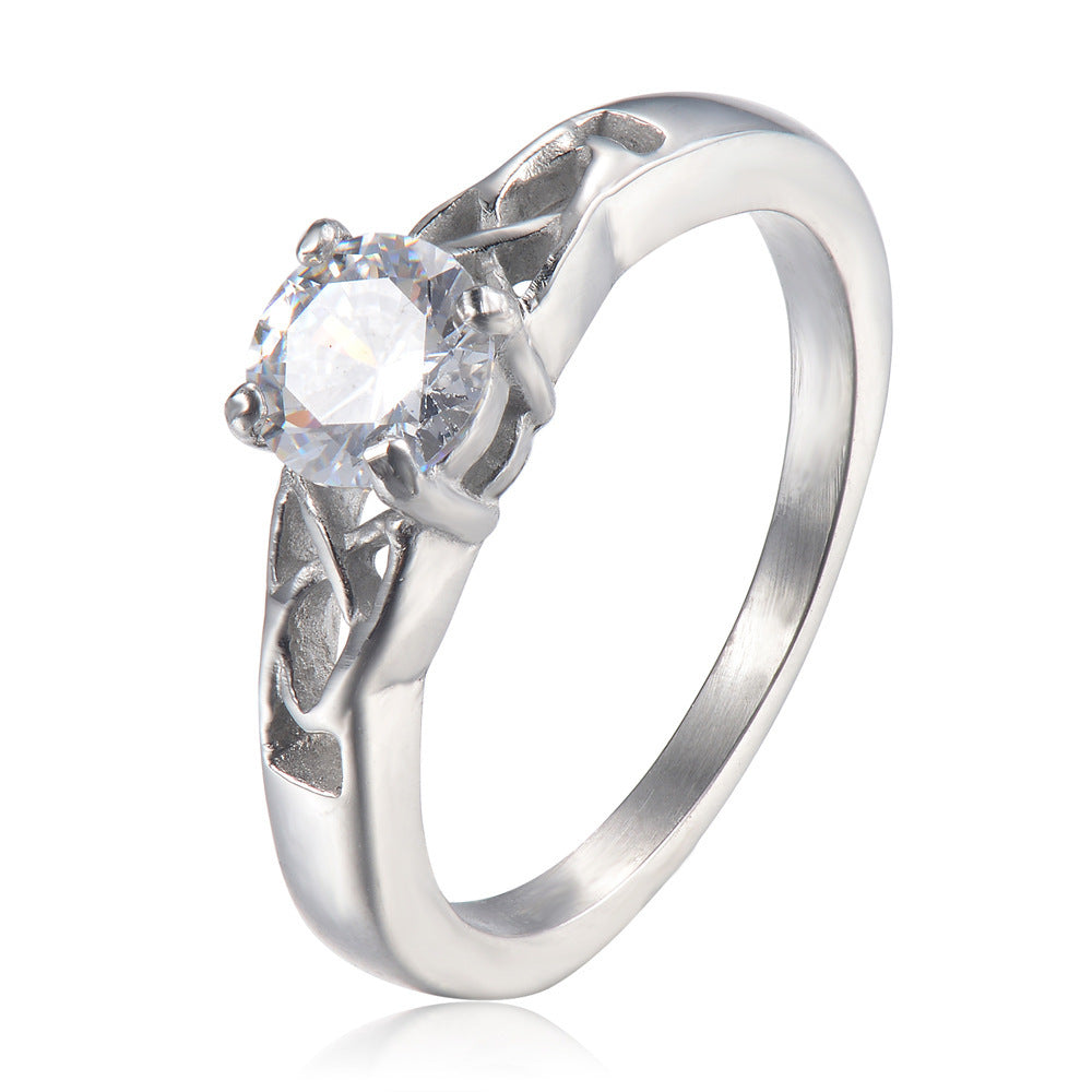 Simple Four Claw Diamond TwoSides Hollow AirQuality Womens Ring Titanium Steel Inlay Ornament Color Size 6 7 8