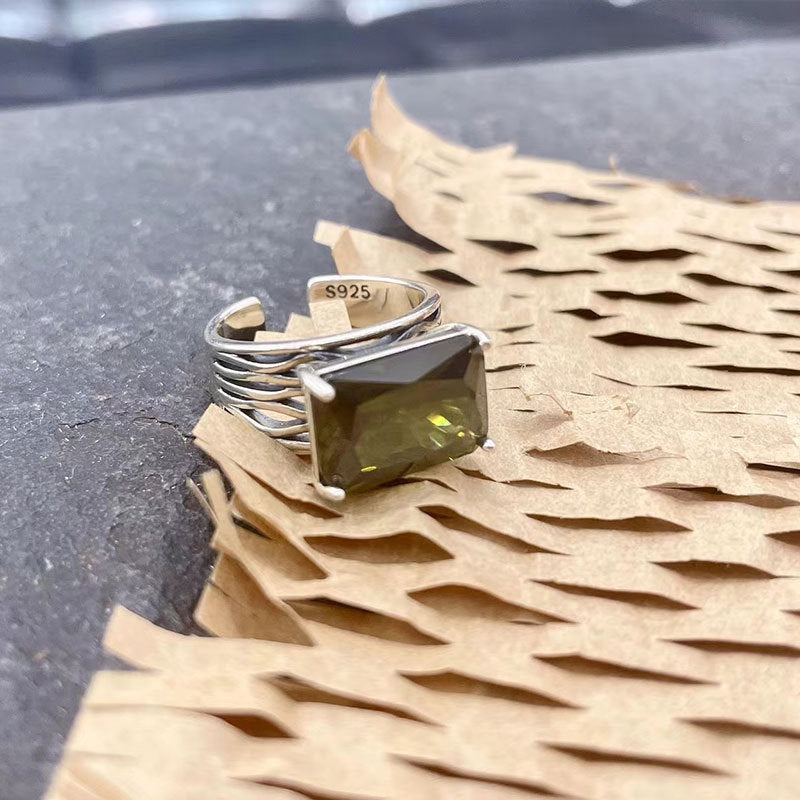 Womens Retro Heavy Industry Open Ring With Geometric Three Dimensional Decoration Adjustable Size Inlay Gemstone