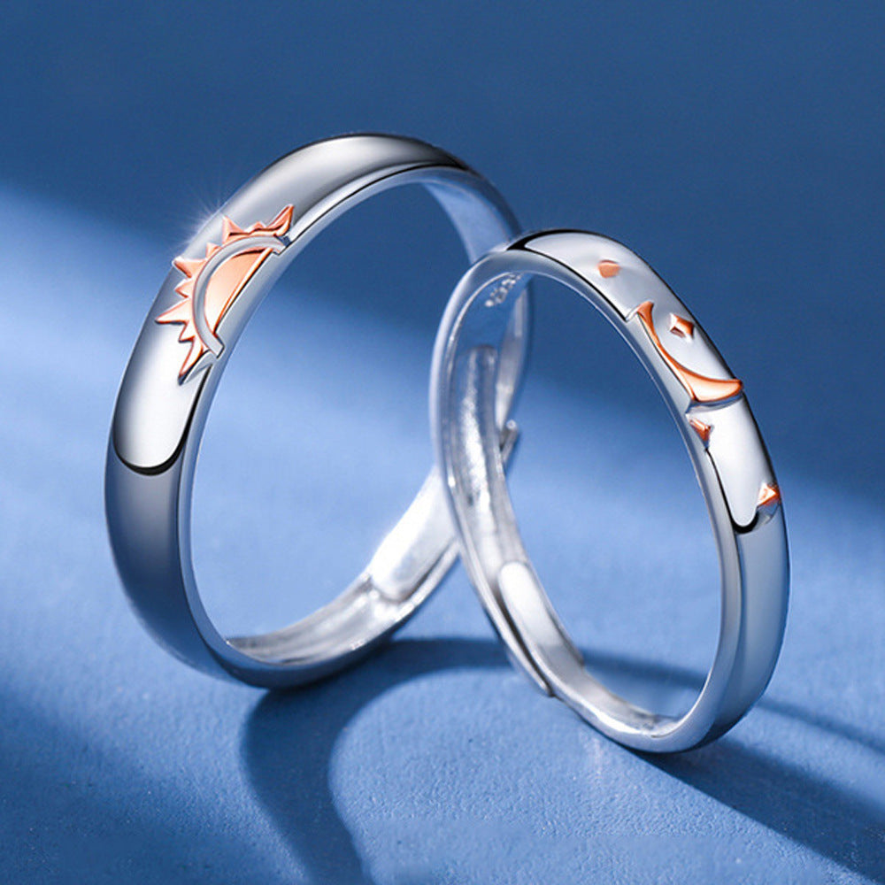 Sterling Silver Geometric Couple Rings With Zirconia Inlay Open Polished Electroplated Matching Wedding Bands Set