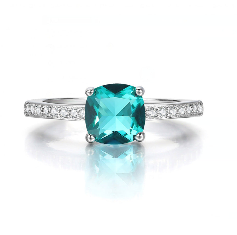 Women Geometric Ring Having Zircon Inlay Copper Band White Gold Plating Emerald Dark Blue Light Blue Malachite