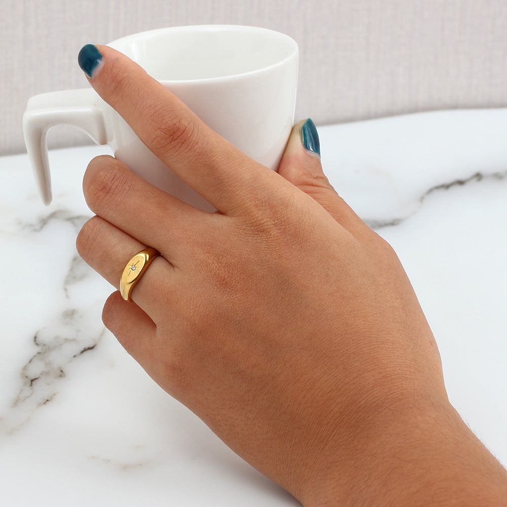 Stainless Steel Golden Oval Ring With Star Zircon Geometric Fashion Jewelry Statement Ring For Women Chic Look
