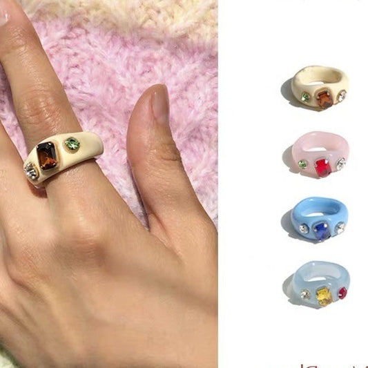 Vintage Acrylic Ring for Women Girls Diamond Ring Plain Ring Green Ring Blue Ring Pink Ring White Ring Niche Ring Customized Ring Plastic Ring