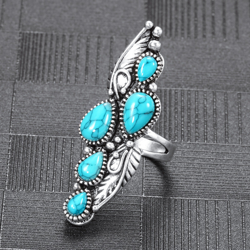 Alloy Ring Retro Geometric Design With Water Drop Blue Turquoise Accent For Her Fashion Jewelry Everyday Style
