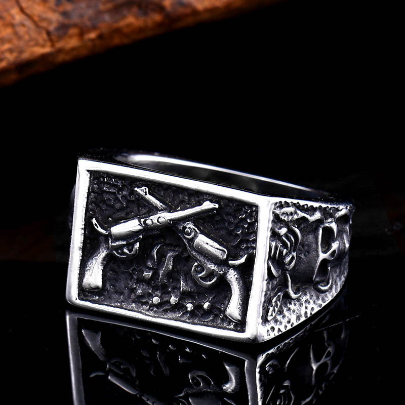Domineering Double Gun Rose Skull Ring