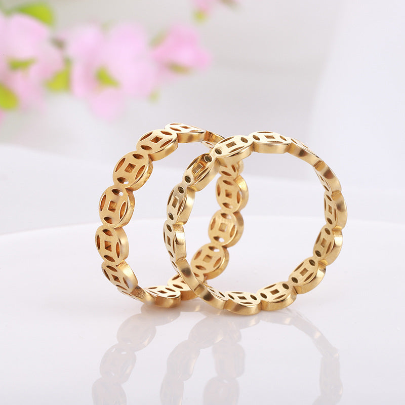 Geometric Lucky Coin Ring Unisex Stainless Steel Net Red Gold Rose Gold Jewelry For Women And Men Gift For You