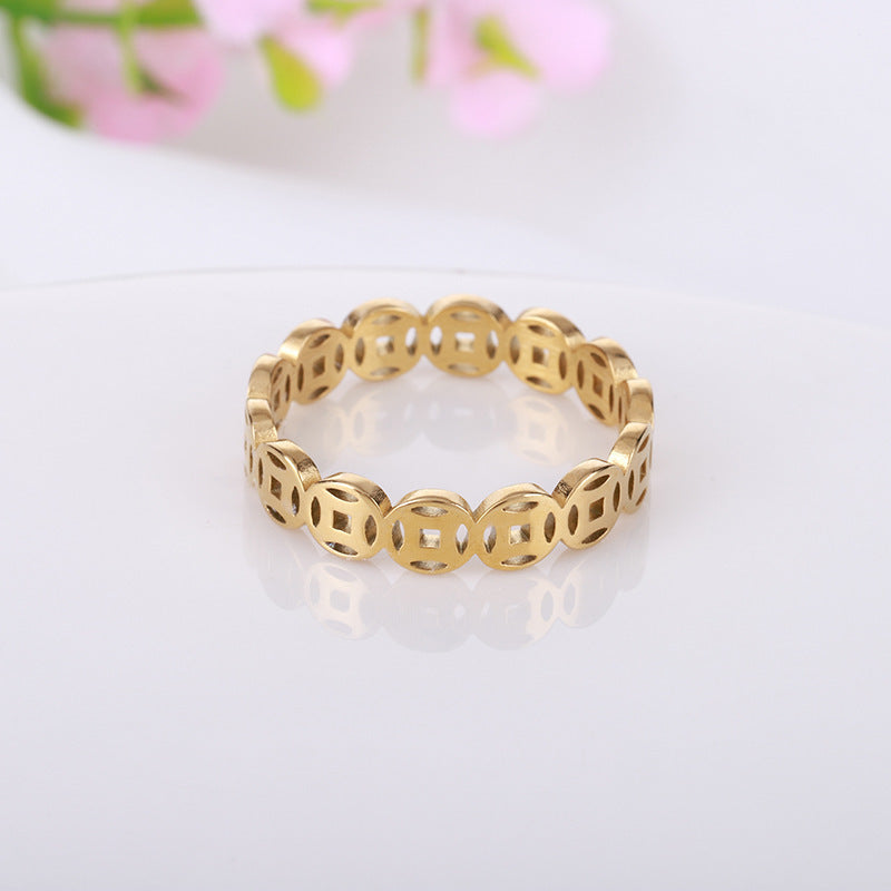 Geometric Lucky Coin Ring Unisex Stainless Steel Net Red Gold Rose Gold Jewelry For Women And Men Gift For You