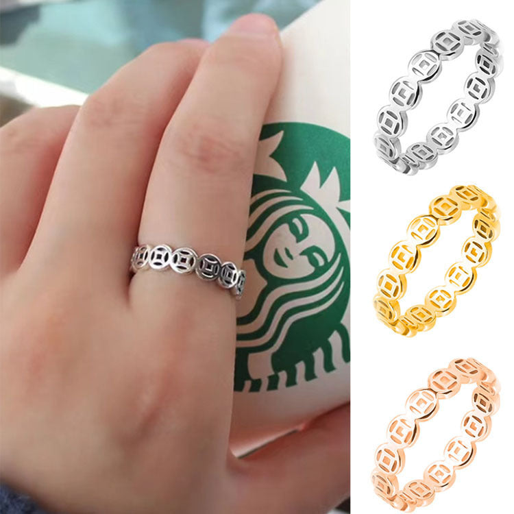 Geometric Lucky Coin Ring Unisex Stainless Steel Net Red Gold Rose Gold Jewelry For Women And Men Gift For You